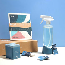 Load image into Gallery viewer, Tirtyl Universal Cleaner Kit with glass refillable spray bottle, 3 Tirtyl Tabs, 3 Tirtyl Towels (100% Compostable) and Storage Tin
